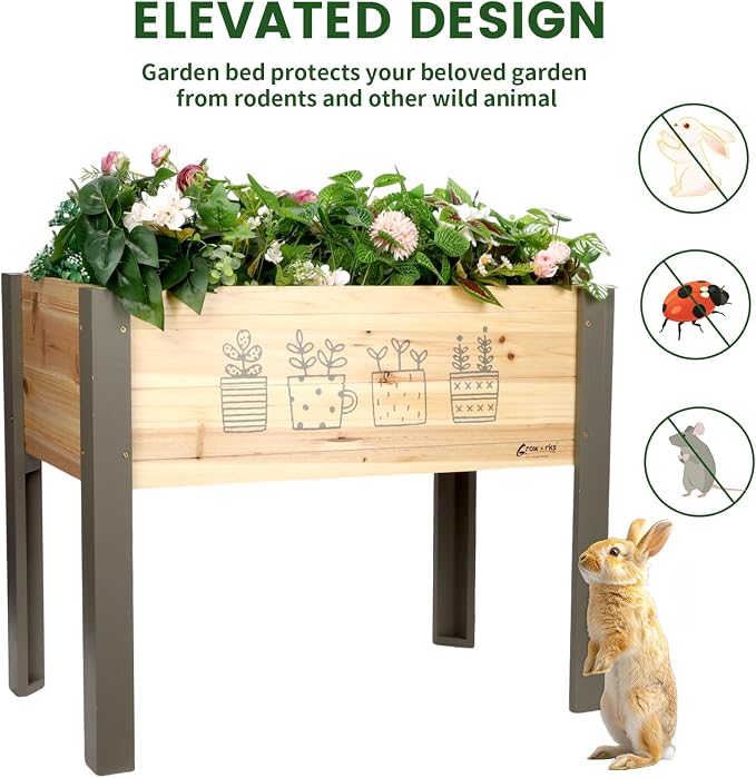 Raised Garden Bed for Kids - 30”L*16”W*24”H Elevated Wooden Planter Box Stand, Backyard, Patio, Balcony w/Bed Liner, 170lb Capacity (Green)