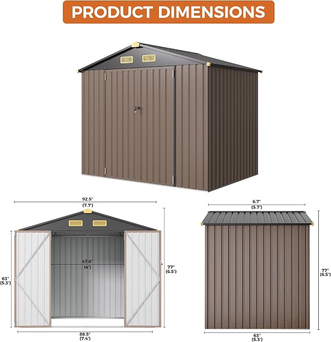 IRONCK 8x6FT Outdoor Storage Shed with Lockable Doors, 7.4x5.3FT Base Galvanized Steel Metal Garden Tool Shed with Breathable Vent for Yard Bins/Generator/Wheelbarrow Storage, Brown