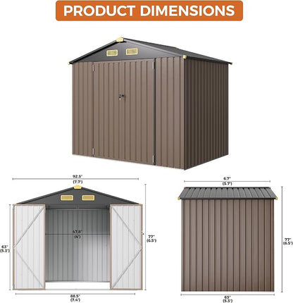 IRONCK 8x6FT Outdoor Storage Shed with Lockable Doors, 7.4x5.3FT Base Galvanized Steel Metal Garden Tool Shed with Breathable Vent for Yard Bins/Generator/Wheelbarrow Storage, Brown
