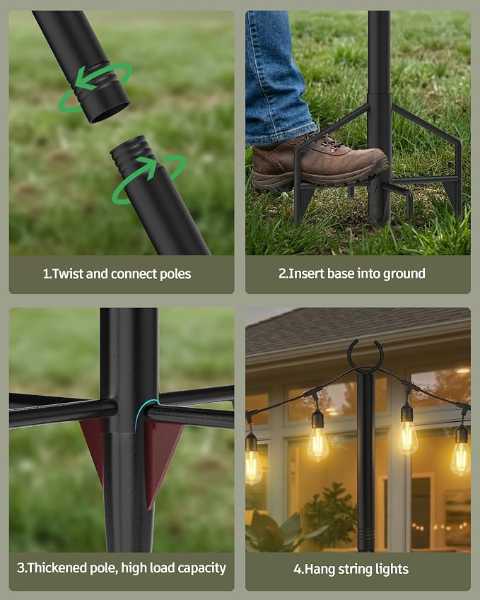 LAND·VOI String Light Poles 2 Pack, Heavy Duty Outdoor Light Poles with Upgraded 5‑Prong Base, Anti‑Bending Stable Design for Backyard Patio Garden Wedding Party Decoration