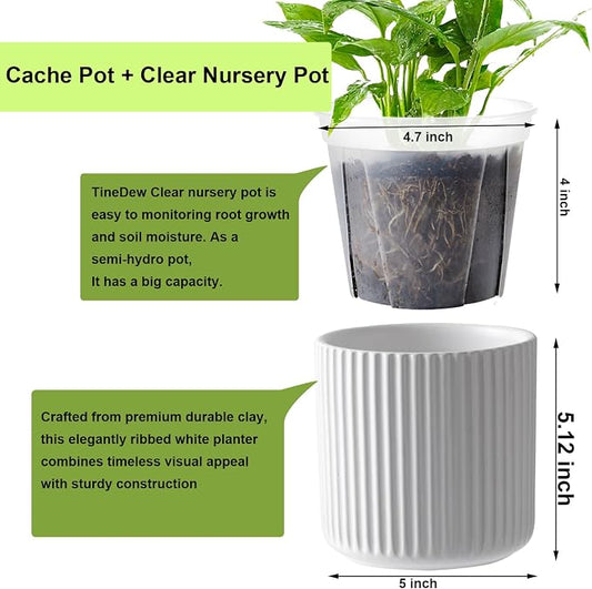 2 Pack of 5in Ceramic Cachepot with 5 inch Clear nusery Pot - self Watering Indoor Planter with Drainage for Root Visibility,semi Hydro pots for repotting Orchid,White