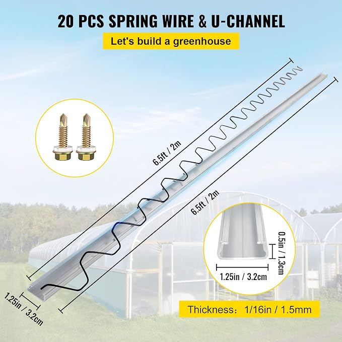VEVOR Greenhouse Spring Wire and Lock Channel 20 Packs, 6.56 ft PE Coated Aluminum Alloy Bundle Kit, Plastic Poly Film or Shade Cloth Attachment w/Screws, Silver