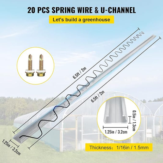VEVOR Greenhouse Spring Wire and Lock Channel 20 Packs, 6.56 ft PE Coated Aluminum Alloy Bundle Kit, Plastic Poly Film or Shade Cloth Attachment w/Screws, Silver