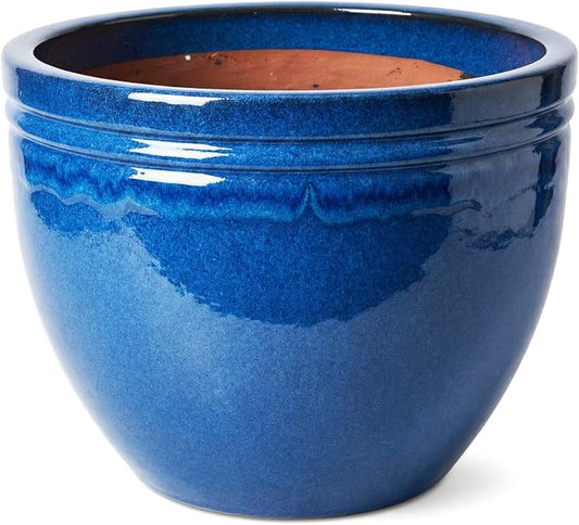 Ceramic Large Flower and Plant Pot, 15.7 Inch, Blue | Outdoor & Indoor, Drainage Hole, Extra Large, Glazed