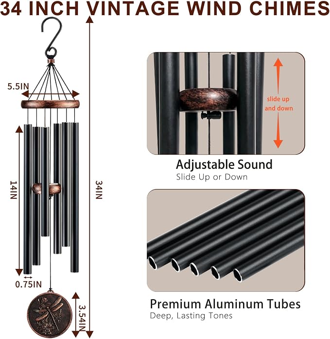 34" Dragonfly Wind Chimes for Outside, Deep Tone Garden Decor | Deep B tones, adjustable striker, weather-resistant finish, double-sided dragonfly, gift boxed and ready to hang
