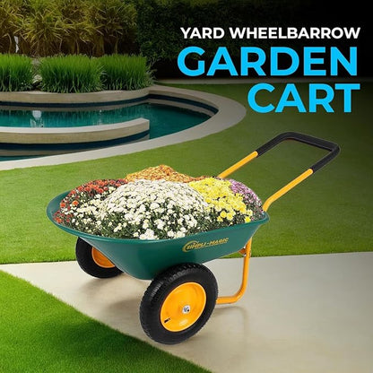 SIMPLI-Magic Dual-Wheel Wheelbarrow Garden Cart - Heavy Duty Yard Cart with 5 Cu Ft Capacity, 330 lb Load, 13” Pneumatic Wheels & Built-in Stand for Lawn, Soil, Mulch & Construction