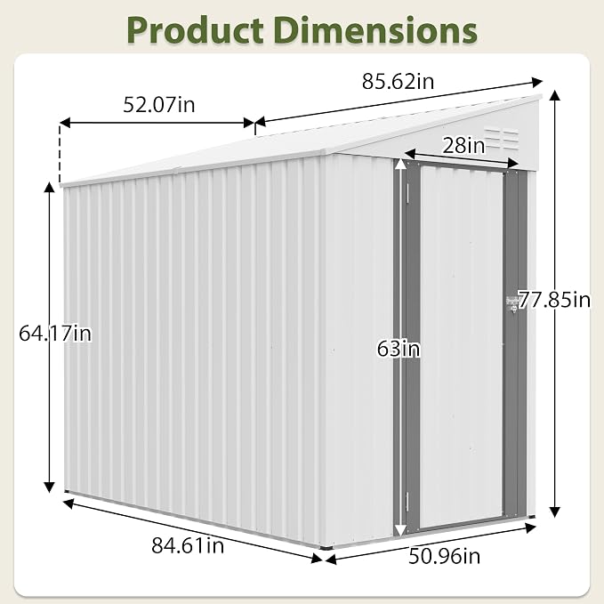 YOPTO 4×7 FT Outdoor Metal Storage Shed,Heavy-Duty Lean to Storage Shed with Lockable Door and Reinforced Beams,All Weather Waterproof Storage House W/2 Air Vents,for Backyard,Patio,Lawn,White