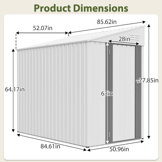YOPTO 4×7 FT Outdoor Metal Storage Shed,Heavy-Duty Lean to Storage Shed with Lockable Door and Reinforced Beams,All Weather Waterproof Storage House W/2 Air Vents,for Backyard,Patio,Lawn,White