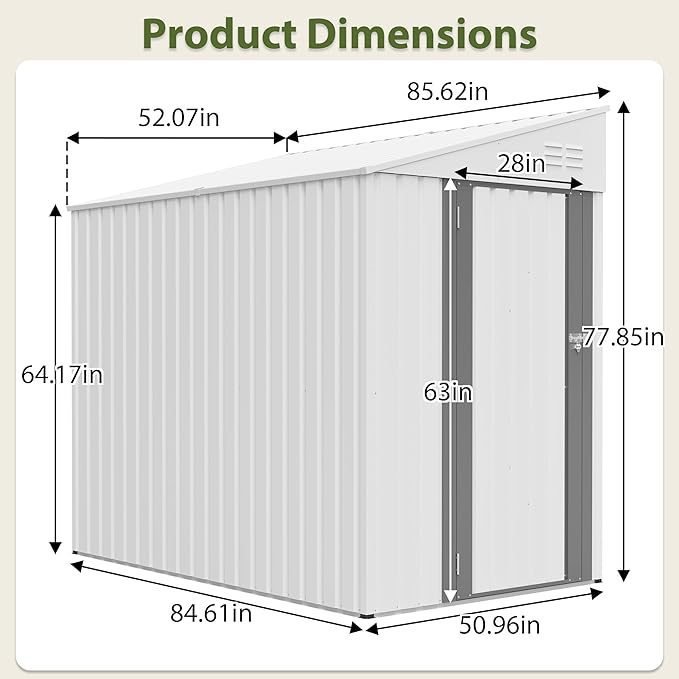 YOPTO 4x7 FT Lean to Storage Shed, Outdoor Metal Wall Side Storage Sheds with Lockable Door,Small Garden Tool Shed for Backayrd, Patio,Lawn,Easy Assembly,White