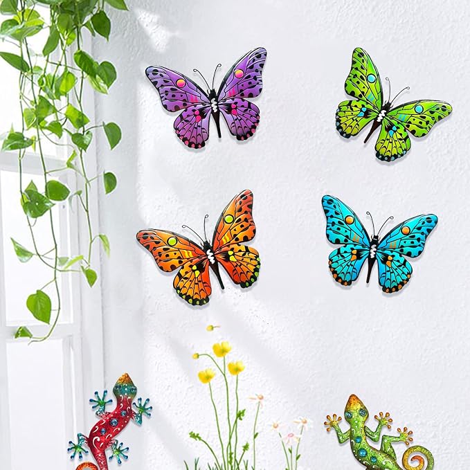 4 Pack Metal Butterfly Wall Decor Yard Art, 9.6" 3D Butterflies Outdoor Fence Decor Hanging Decorations for Garden Patio Balcony Front Porch Living Room Home Vibrant Colored Bohemian Geometric