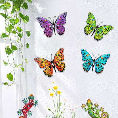 4 Pack Metal Butterfly Wall Decor Yard Art, 9.6" 3D Butterflies Outdoor Fence Decor Hanging Decorations for Garden Patio Balcony Front Porch Living Room Home Vibrant Colored Bohemian Geometric
