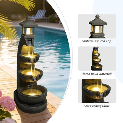 35.4" Outdoor Water Fountain, 3 Tier Bowl Cascading Freestanding Water Fountain, Lantern Style Garden Water Feature with LED Lights, Suitable for Patio Yard Porch Landscape, Grey