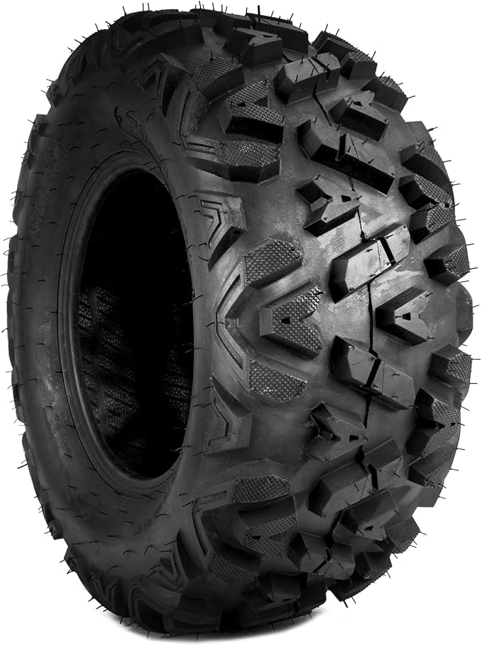 A single black all-terrain ATV tire with deep, aggressive knobby treads, shown at a three-quarter angle on a white background.