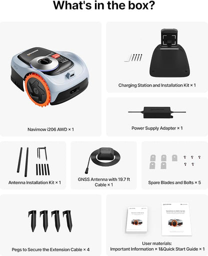 Segway Navimow i206 AWD Robot Lawn Mower, Wire-Free Robotic Mower, All-Wheel Drive for 45% Slopes, 2–3.6 in Adjustable Cutting Height, NRTK + Vision, Auto Mapping, 2.55Ah Battery, Covers 0.15 Acre