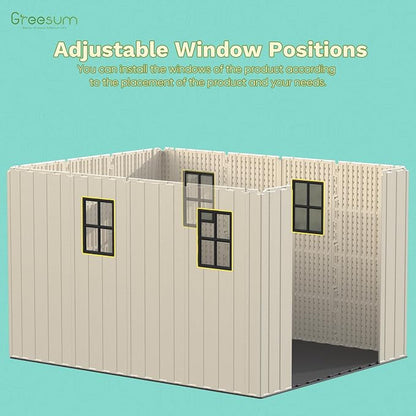Greesum 8x12FT Plastic Outdoor Storage Shed with Floor, Resin Sheds with Window and Lockable Door, Easy Assembly, HDPE Kick-it Shed for Garden, Lawn, Backyard, Beige