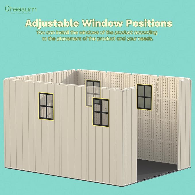 Greesum 8x10FT Plastic Outdoor Storage Shed with Floor, Resin Sheds with Window and Lockable Door, Easy Assembly, HDPE Kick-it Shed for Garden, Lawn, Backyard, Beige