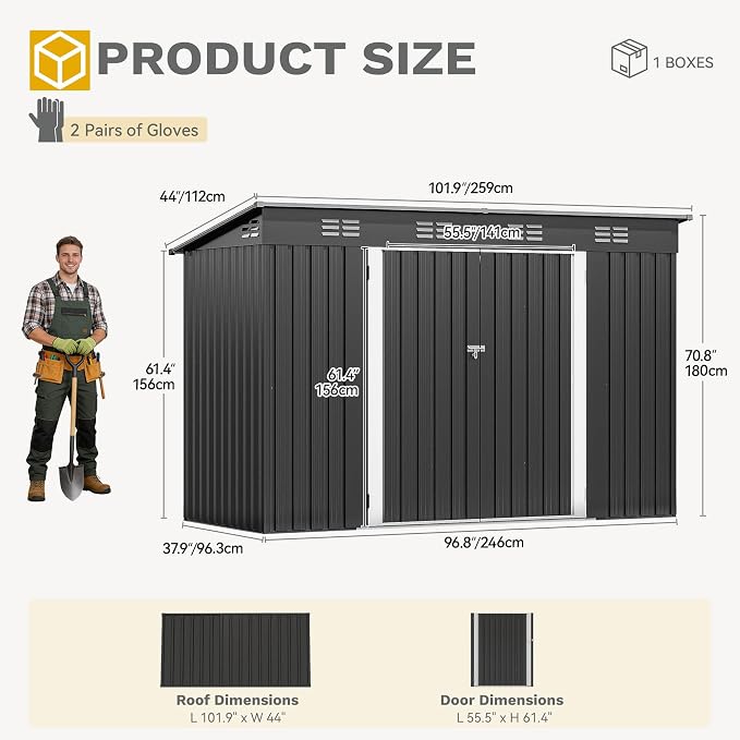 DWVO 8.5x3.5ft Large Outdoor Storage Shed, Metal Tool Sheds, Heavy Duty Tool Storage with Lockable Doors & Air Vent for Backyard Patio Lawn to Store Bikes, Tools, Lawnmowers, Dark Gray