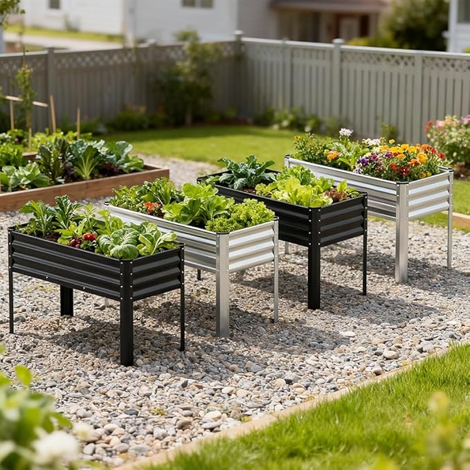 COMHOMA Raised Garden Bed with Legs 4x2x2.5ft,Large Elevated Galvanized Metal Planter Box with Drainage Holes,Outdoor Growing Kit with Gloves Tools for Backyard Patio Lawn,Black