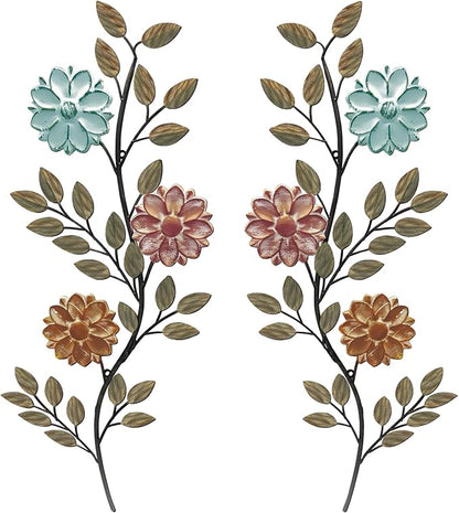 MorningRo 2 Pcs Metal Flower Leaves Wall Art Spring Wall Decor Living Room, 15.75 Inch Vintage Rustic Branch Leaf Wrought Iron Scroll Art Decor for Summer Bedroom Indoor Outdoor Decorations(Colorful)
