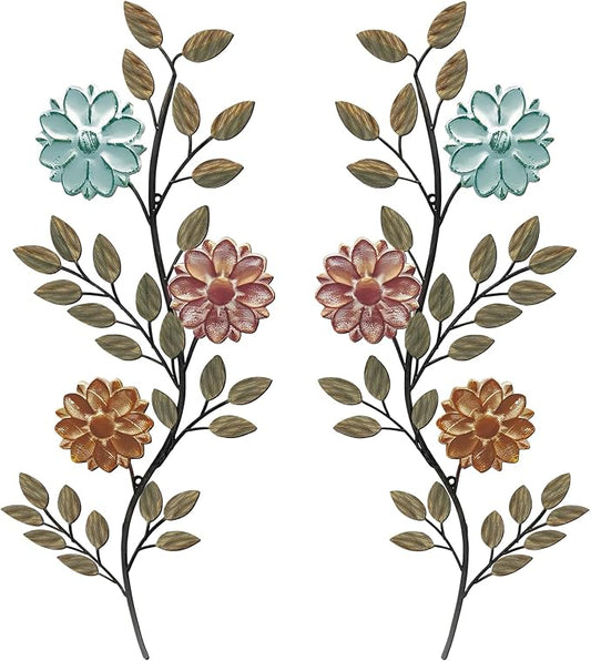 MorningRo 2 Pcs Metal Flower Leaves Wall Art Spring Wall Decor Living Room, 15.75 Inch Vintage Rustic Branch Leaf Wrought Iron Scroll Art Decor for Summer Bedroom Indoor Outdoor Decorations(Colorful)