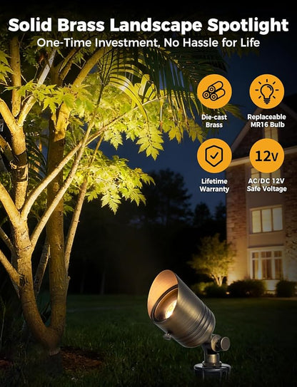 COLOER Brass Outdoor Spotlights,12V LED Low Voltage Landscape Lighting with 5W 2700K Aluminum MR16 Bulb, IP65 Waterproof Landscape Spot Lights for Yard,Garden,Tree, Small Size (12 Pack with Bulb)
