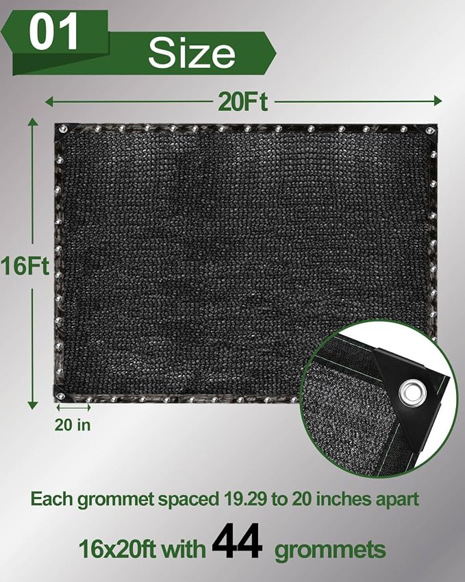 vensovo 70% Sunblock Shade Cloth Net Black Resistant - 16x20 Ft Garden Shade Mesh for Plant Cover, Greenhouse, Chicken Coop, Kennels, Tomatoes Plants