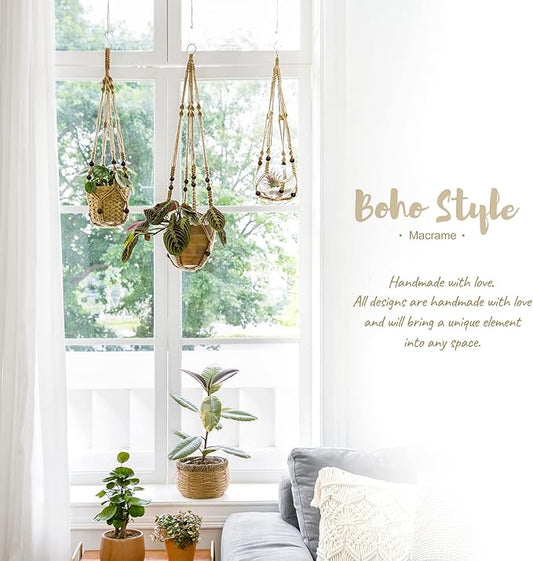 Mkono 3 Pack Macrame Plant Hangers Indoor Different Size Hanging Planter Basket Flower Pot Holder with Beads No Tassels 35"/29"/23", Medium, Brown