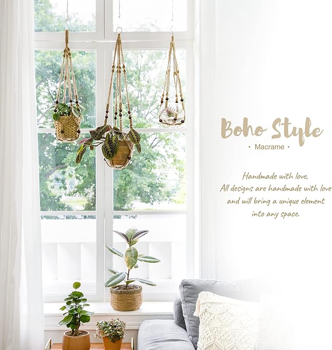Mkono Macrame Plant Hanger Indoor Jute Hanging Planter Basket with Wood Beads Decorative Flower Pot Holder No Tassels for Indoor Outdoor Boho Home Decor 35 Inch, Brown, Set of 2 (POTS NOT Included)