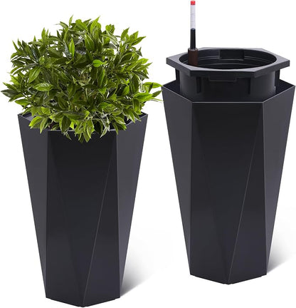 GarveeLife 22.5 in Tall Diamond Planters Set of 2, Self Watering Planters with Water Level Monitor, Flower Pots Outdoor and Indoor for Patio, Porch, Living Room, Home Office, Black