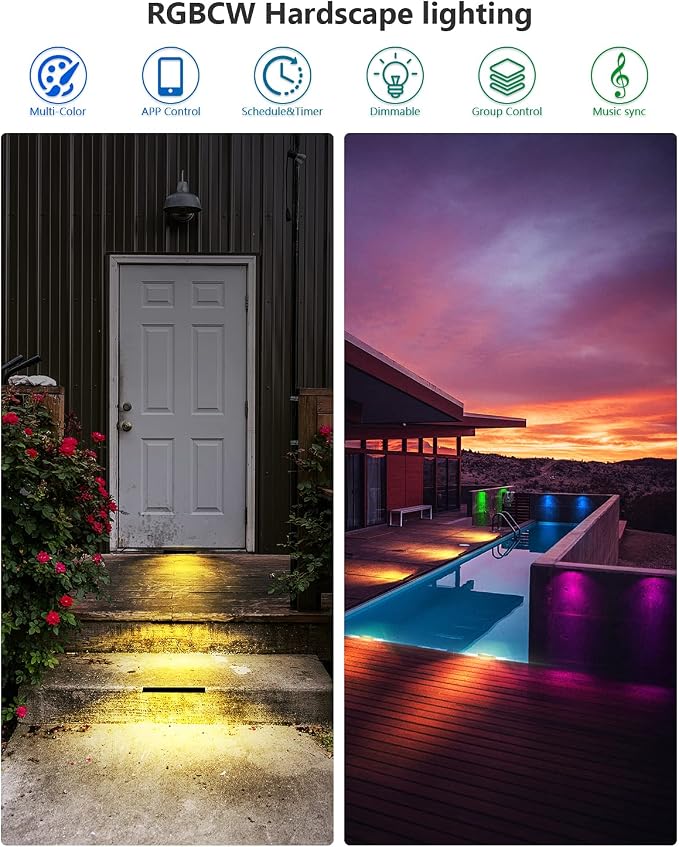 Teekuv 8 Pack 7 Inch RGB LED Hardscape Lighting, 5W Smart Retaining Wall Lights 16 Million Colors with Remote Control, IP65 Waterproof Landscape Paver Lights, 12V AC/DC Low Voltage Outdoor Lighting
