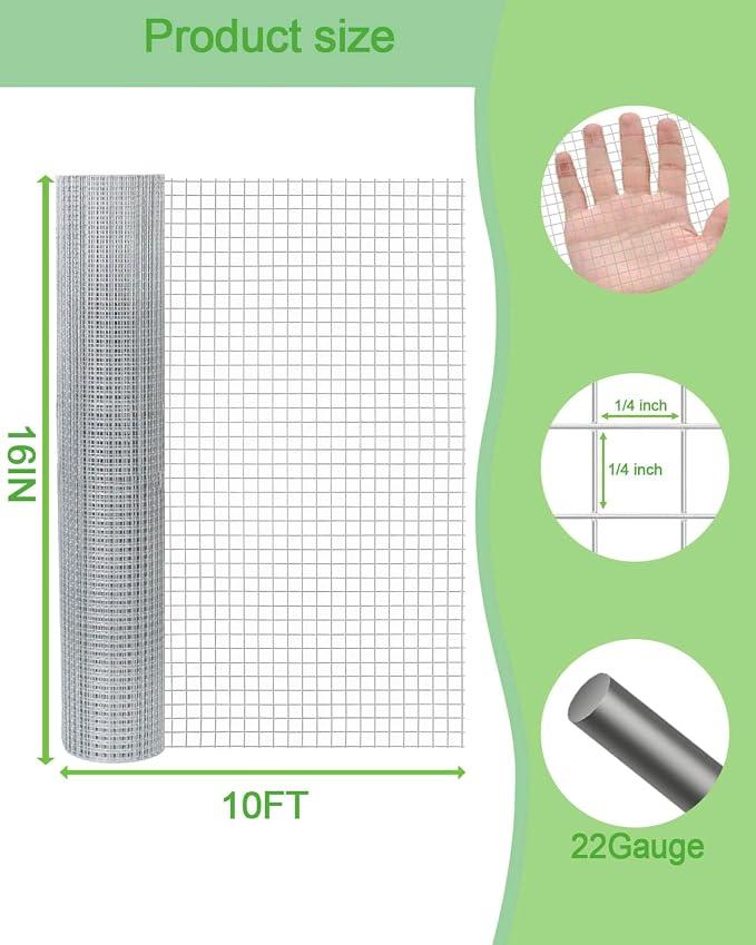 Hardware Cloth 16in x 10ft 1/4 Inch 22 Gauge, Hot-Dipped Galvanized Welded Wire Mesh, Low Carbon Steel, Animal Cage Wire Netting, Garden Wire Mesh