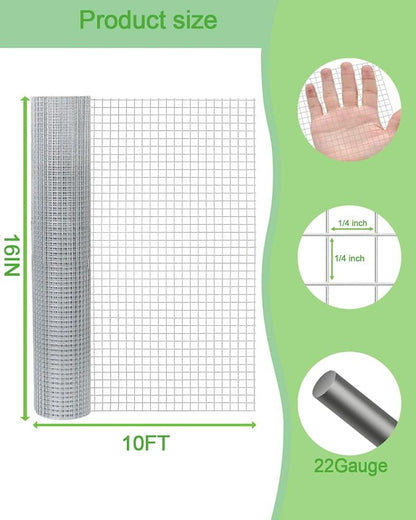 Hardware Cloth 16in x 10ft 1/4 Inch 22 Gauge, Hot-Dipped Galvanized Welded Wire Mesh, Low Carbon Steel, Animal Cage Wire Netting, Garden Wire Mesh