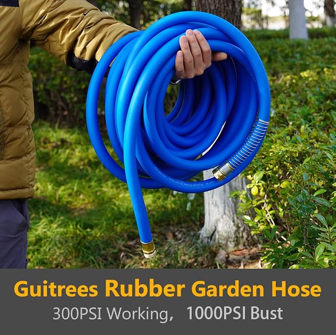 Guitrees 25FT 5/8 Heavy Duty Rubber Garden Hose - 200psi Working, 1000psi Burst - Hot/Cold Water - Five-Layered Braiding for Durability - Versatile for Gardening, Agriculture, Construction(Blue)