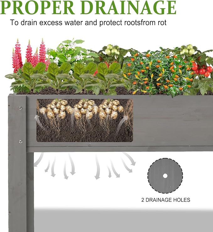 Raised Garden Bed with Legs, 40x20x31 in Planter Boxes Outdoor, Elevated Wooden Planter Box Standing Growing Bed for Gardening, Backyard, Patio and Balcony (Grey, 40x20x31)