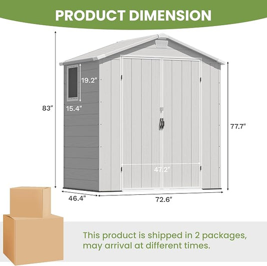 Greesum 6x4FT Plastic Outdoor Storage Shed with Floor, Resin Sheds with Lockable Double Door, Tool Sheds with Window & Vents, for Garden, Yard, Patio, Light Gray