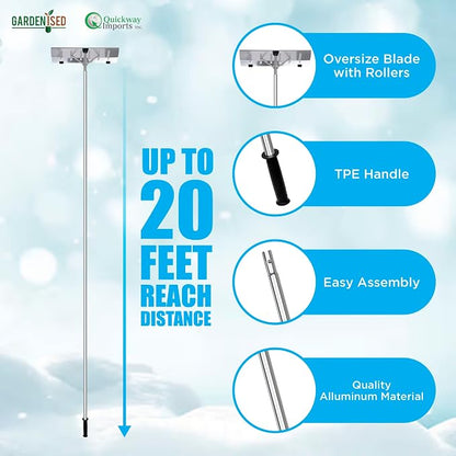 Quickway Imports Snow Rake Shovel | Aluminum Snow & Leaf Removal Tool & Pusher Scraper for House Roof & Car with 26” Rolling Blade, Lightweight 5-21’ Telescoping Extendable Handle & Nonslip Grip,Gray