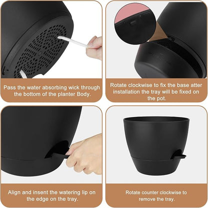 QRRICA Plant Pots 10/9/8/7.5/7 Inch Self Watering Pots, Set of 5 Plastic Planters with Drainage Holes and Saucers,Plastic Flower Pots,Nursery Planting Pot for Indoor Out Door Plants(All Black)