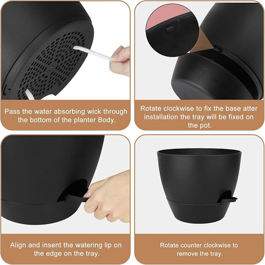 QRRICA Plant Pots 10/9/8/7.5/7 Inch Self Watering Pots, Set of 5 Plastic Planters with Drainage Holes and Saucers,Plastic Flower Pots,Nursery Planting Pot for Indoor Out Door Plants(All Black)