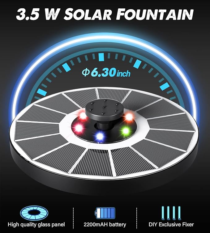 Yzert Solar Fountain Glass Panel with 2200 mah Battery, 3.5W Floating Solar Water Fountain with 4 Fixed Rods, Solar Pump for Bird Bath, Garden, Pond, Pool, Outdoor (White Panel Colorful Lights)