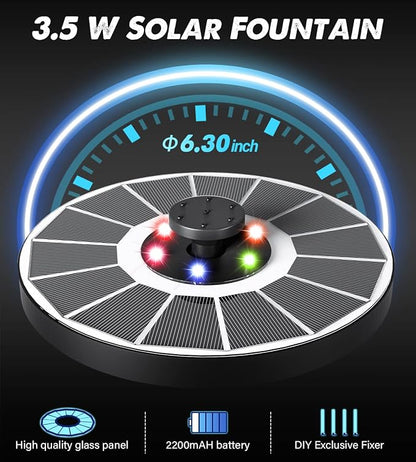 Yzert Solar Fountain Glass Panel with 2200 mah Battery, 3.5W Floating Solar Water Fountain with 4 Fixed Rods, Solar Pump for Bird Bath, Garden, Pond, Pool, Outdoor (White Panel Colorful Lights)