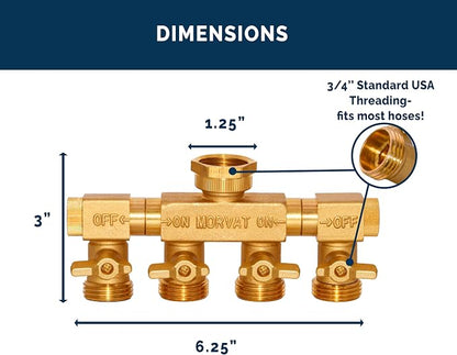 Morvat 4 Way Splitter with Rotating Arms, Heavy Duty Brass Garden Hose Manifold Connector with Comfort Rubber Grip ON/OFF, Adapter for Water Faucet Tap & Spigot, 8 Extra Washers & Teflon Tape