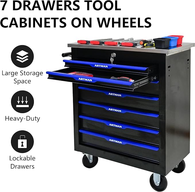 7-Drawer Rolling Tool Chest, Lockable Stainless Top for Garage, Black&Blue | Heavy Duty Modular Roll Around Tool Cabinet with Drawers for Workshop and Tool Box Storage