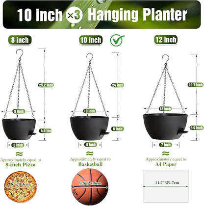 10 Inch Self-Watering Hanging Planters Set of 3 with Saucers | Set of 3 10-inch self-watering hanging planters with extra growing space, side-fill ports, chain hangers & snap-on saucers