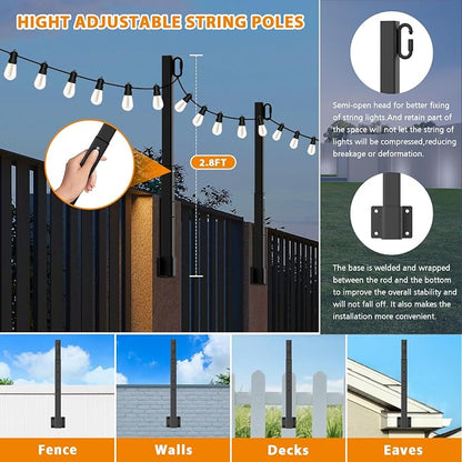 LETIANPAI 6 Pack String Light Poles,2.8 Ft Metal Poles for Outdoor String Lights,Outdoor Light Poles,Poles/Post/Stand for Outside