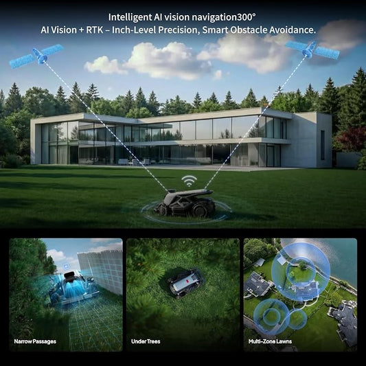 TRON Robot Lawn Mower 1 Acres, NRTK + 5 Vision Wire-Free Robotic Lawnmowe,AI Obstacle Avoidance, No Perimeter Wire,App Control,Automatic MAPE,65% Slope, All-Terrain Mowing,IPX6 Waterproof
