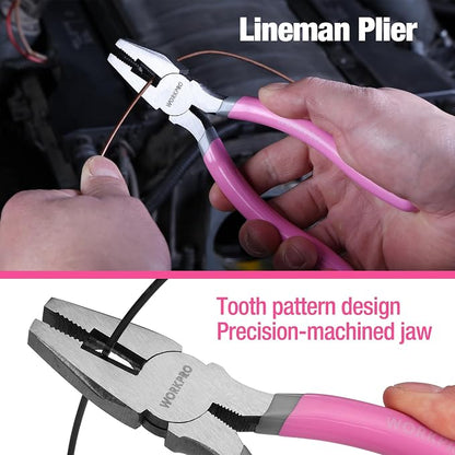WORKPRO 7-Piece Pliers Set - Pink Ribbon | Groove Joint Plier, Long Nose Plier, Slip Joint Pliers, Linesman Pliers, Diagonal Pliers for DIY & Home Use