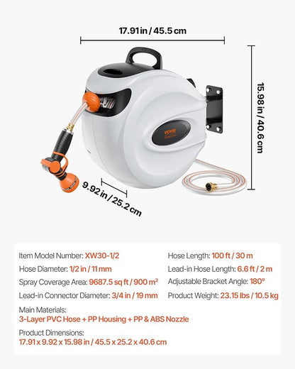 VEVOR Retractable Hose Reel, 100 ft x 1/2 inch, 180° Swivel Bracket Wall-Mounted, Garden Water Hose Reel with 9-Pattern Nozzle, Automatic Rewind, Lock at Any Length, and Slow Return System