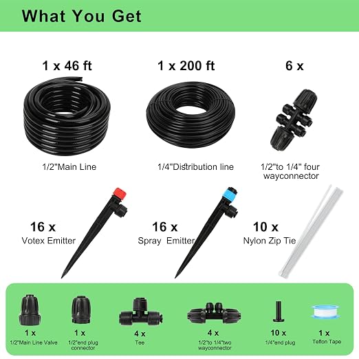 250FT Drip Irrigation System Kit, 50FT 1/2" Main Tube & 200FT 1/4" Tubing, Quick Connect Design, Brass Splitter, Adjustable Emitters & Misting Sprayers for Garden, Lawn, Raised Beds, Outdoor Plants