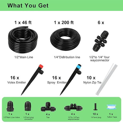 250FT Drip Irrigation System Kit, 50FT 1/2" Main Tube & 200FT 1/4" Tubing, Quick Connect Design, Brass Splitter, Adjustable Emitters & Misting Sprayers for Garden, Lawn, Raised Beds, Outdoor Plants