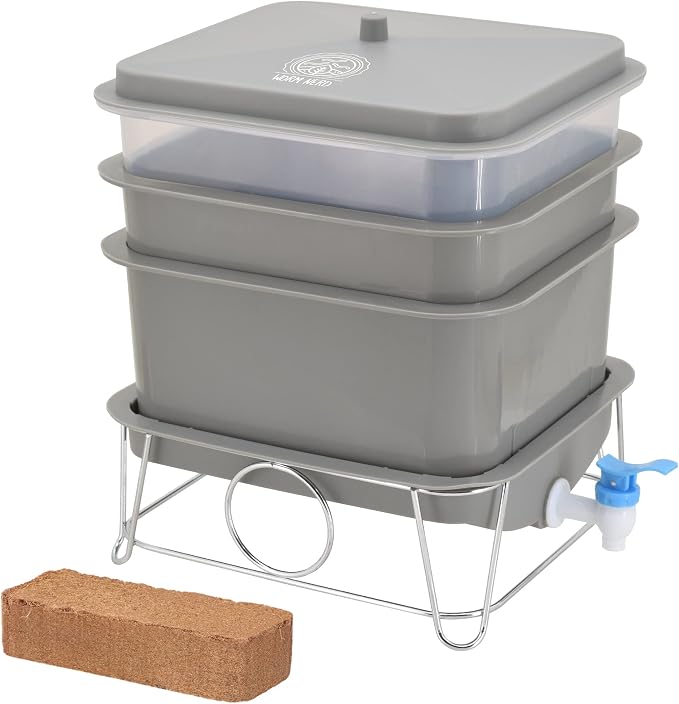 Worm Nerd WN54 4-Tray Worm Composting Bin Kit with Coco Coir Brick for Recycling Food Waste, Worm Castings, Worm Tea, Vermiculture and Vermicomposting